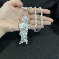 925 Sterling Silver Mens BIG St Jude San Judas Pendant & Rope Chain