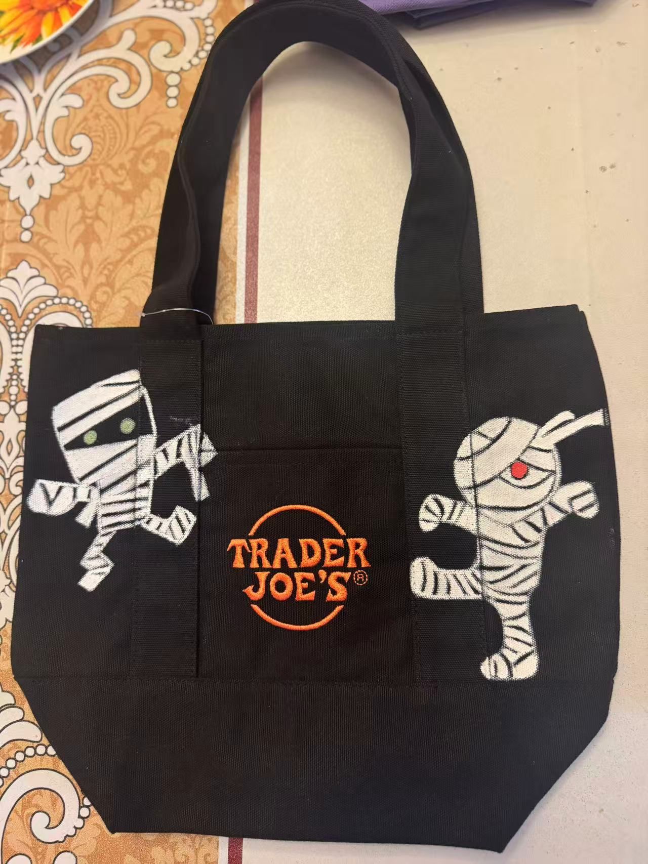 Trader Joe Mini Canvas Tote Bag Hand Drawn Skeleton