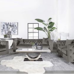 Grey Velvet Button Tufted Chrome Legs Come In A 2 Piece Sofa Loveseat Firm Price $1,440 Or 3 Piece Sofa Loveseat Chair Firm Price $1,860