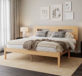 Bamboo platform bed frame with headboard and built in shelf LIKE NEW
