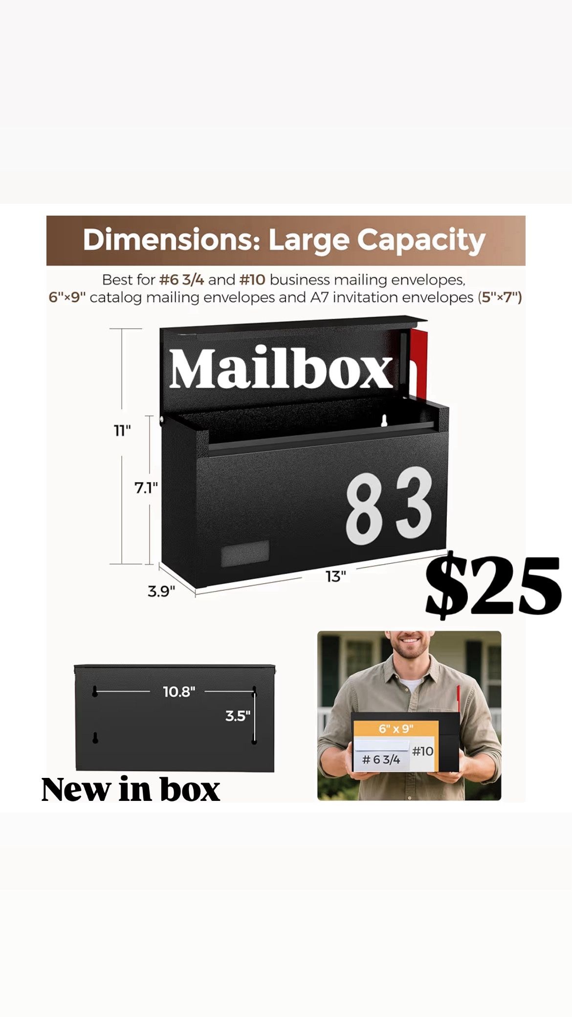 Modern Mailboxes for Outside, Metal Wall Mount Mailbox, with One Flag Kit and Three Sets of Mailbox Number Stickers, 3.9" D×13" W×7.1" H, Rust Resista