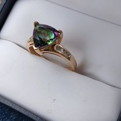 14kt Gold Mystic Topaz Diamond  Ladies Ring