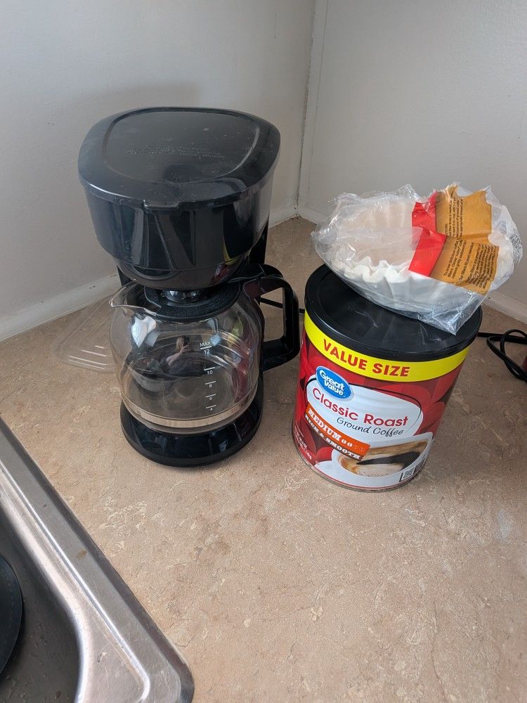 12 Cup Coffee Maker, Filters And Big Container Of Coffee
