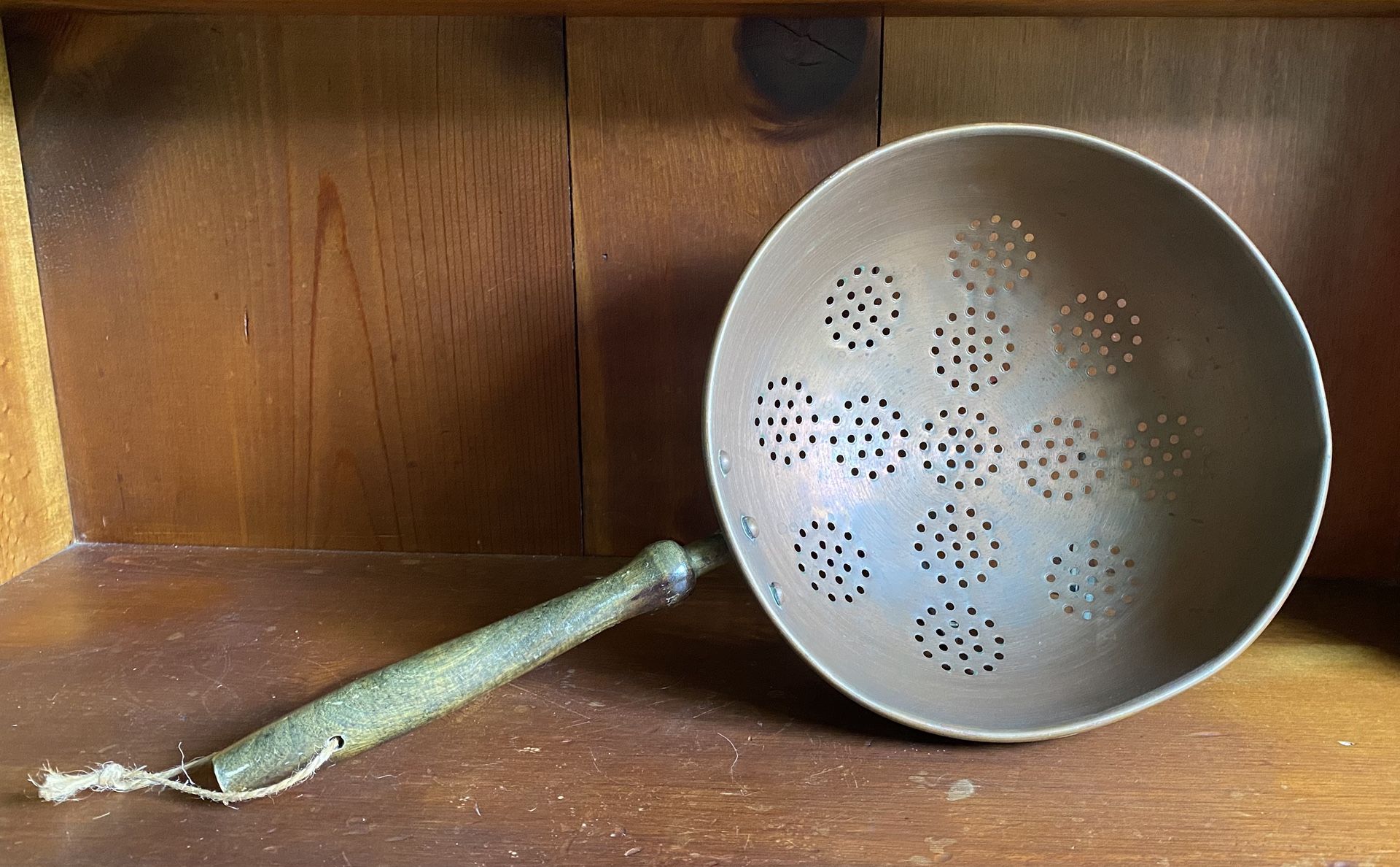 Vintage Copper Colander Strainer Riveted Brass and Wood handle 16”