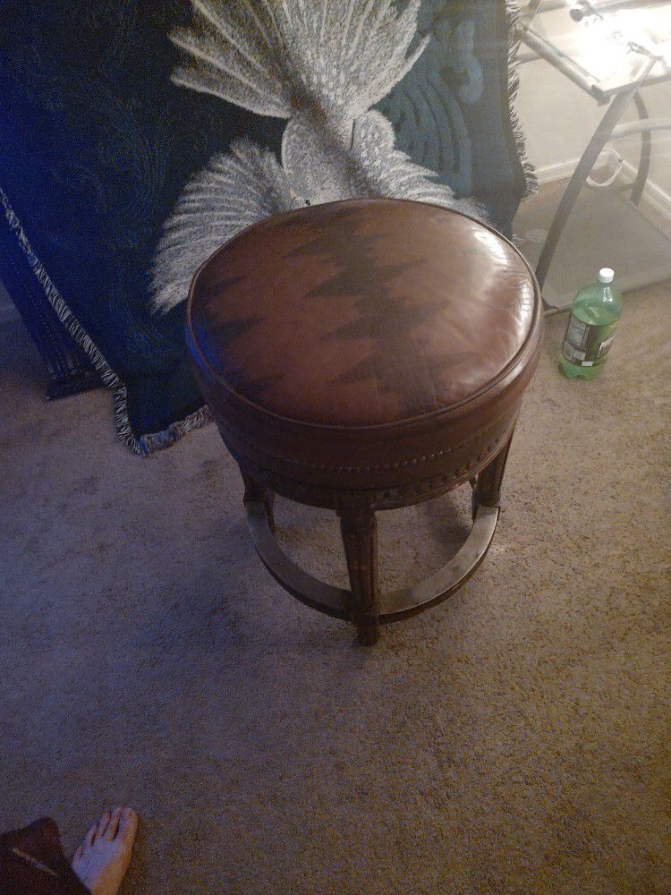 Large Wooden And Leather  Antique Spinning Stool