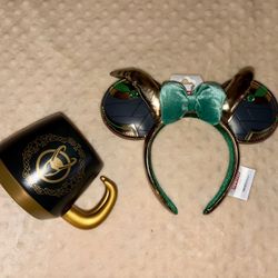 Disney Parks Marvel Avengers Loki Horn Minnie Headband Ears And Coffee Mug Set 
