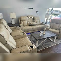 3PC Sand color Powerr ecliner sofa set with LED USB Wireless chargers cup holders sofa loveseat chair