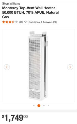 Williams Monterey Top-Vent Wall Heater 50,000 BTUH Double-Sided, 70% AFUE, Natural Gas