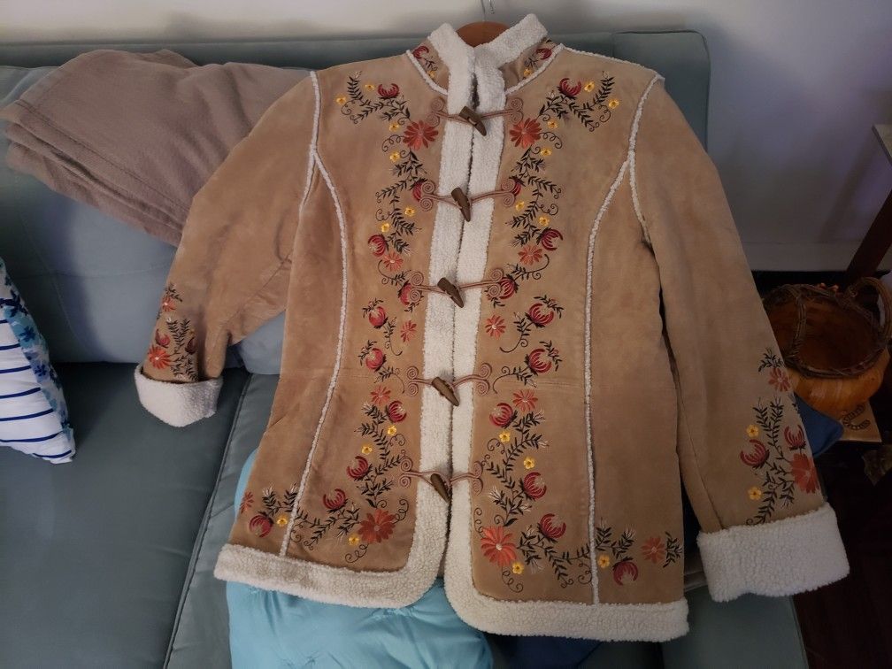 Embroidered Sherpa Lined Suede Jacket