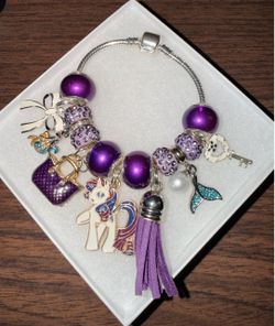 Purple Charm Bracelet with Unicorn and Mermaid Charms
