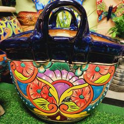Talavera  Purse 👛 bag Planters, Flower Pots Mexican Pottery Colorful Talavera In Casa Barajas Clay Pots, Cypress Ca. 