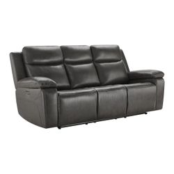 Kenol 88.2'' Wide Gray Genuine Leather Power Reclining Sofa with Adjustable Headrest- Brand New In Box