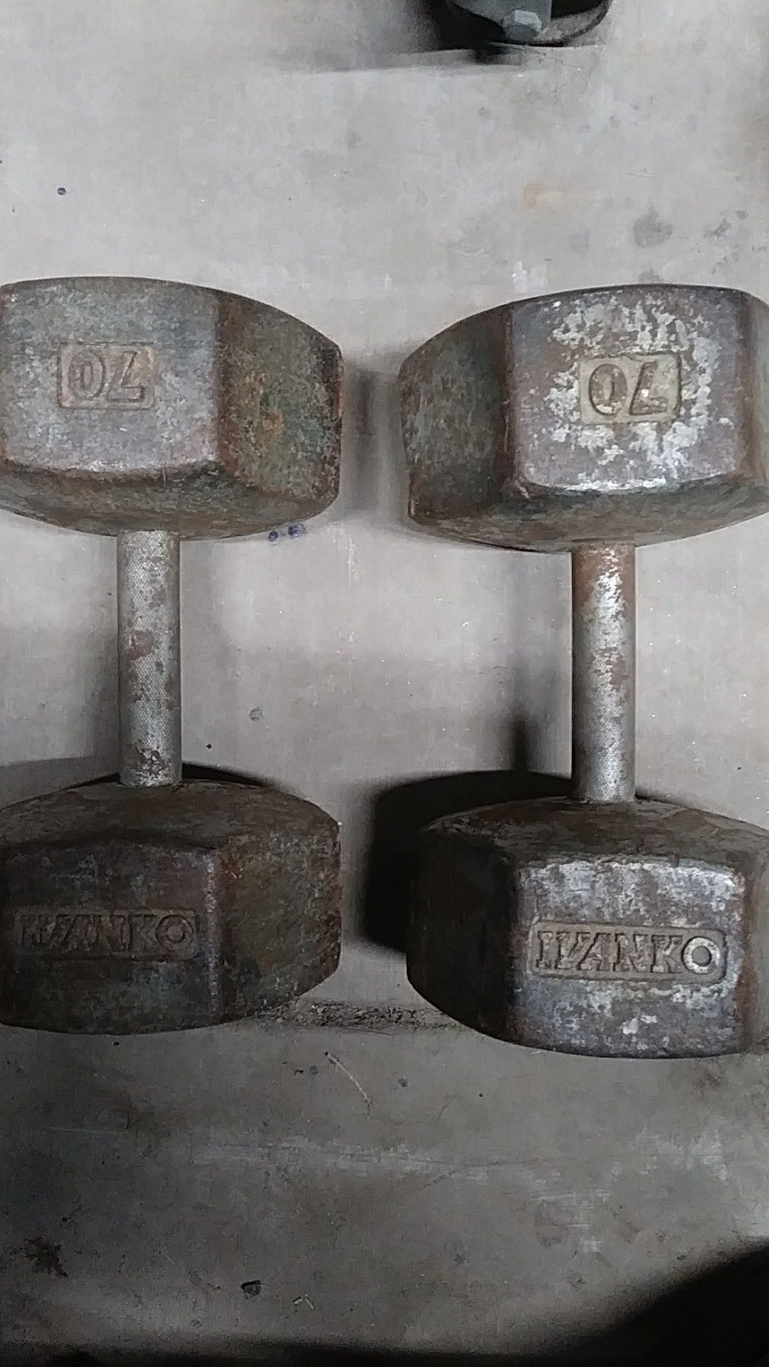 Old-school Ivanko. 70 pound dumbells