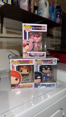 Three funko pops (pink panther) (space ghost coast to coast) (Kim impossible)