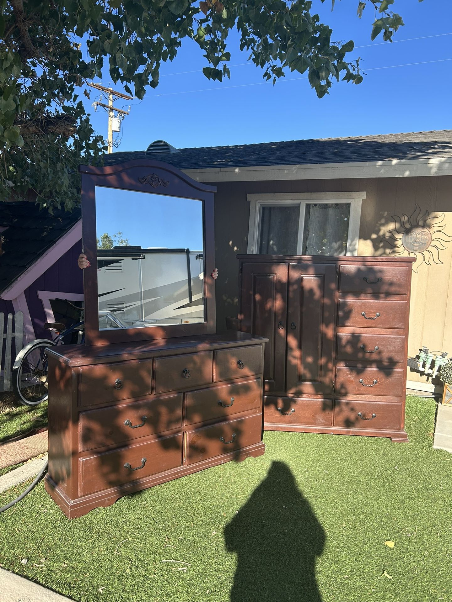 Queen Bed Mattress, Dresser armoire, and mirror