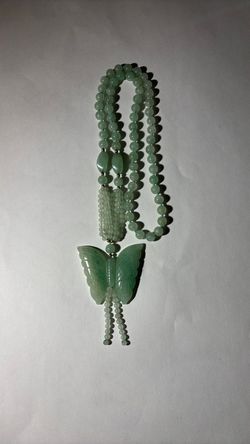 Green Jade Beaded Butterfly Pendant Necklace with 14K beads