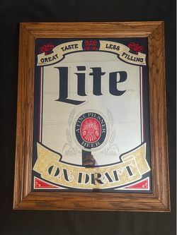 Vintage “MILLER LITE ON DRAFT” Large Wood Frame Mirror Bar Pub Sign