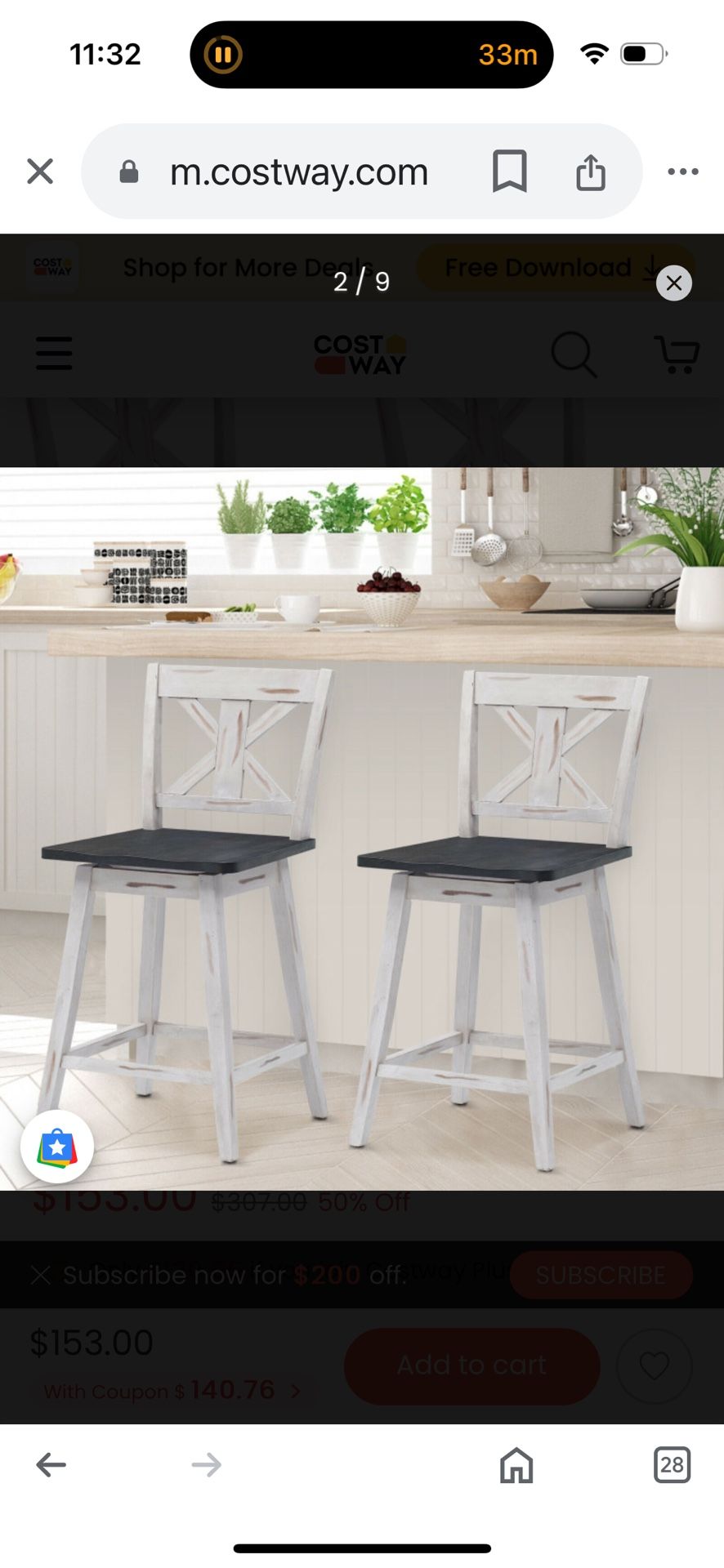 2 Matching Wooden Swivel 24” seat height Kitchen/Dining Bar Stools