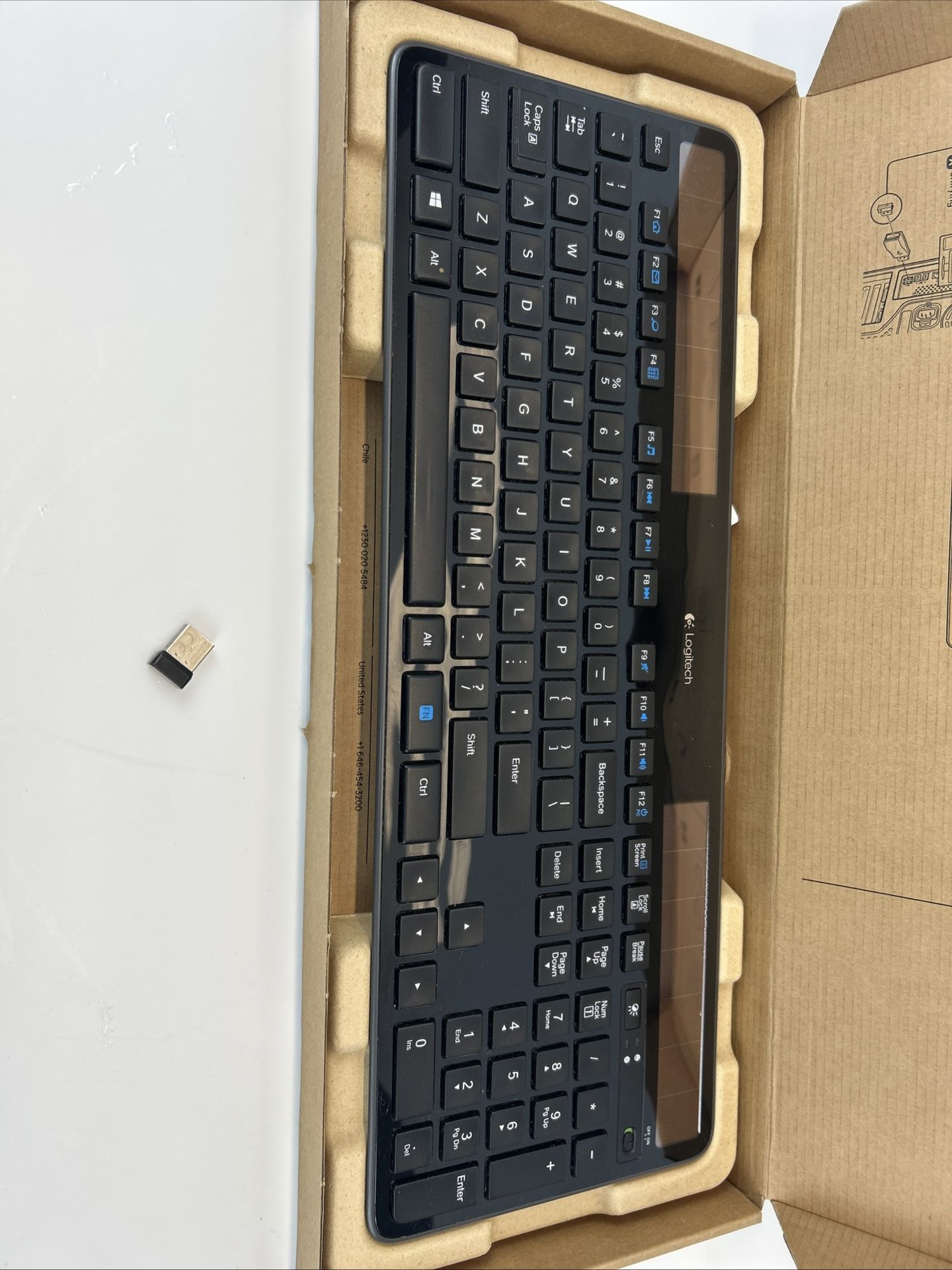 Logitech K750 Wireless Solar Keyboard (contact info removed)12 w/ Dongle & Box Tested
