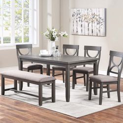 Dining table, four dining chair and a dining bench.