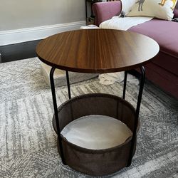 Round Side Table End Table Industrial Coffee Table Nightstand with Storage Basket, Wood Look Accent