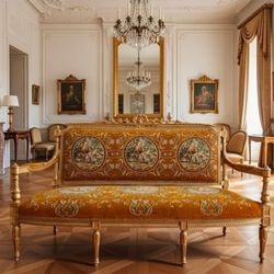 French Louis XVI Carved Gold Gilt Vestibule Banquette Settee Bench Sofa Couch