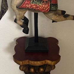 Beautiful Hand Carved Wooden Horse Statue On Wood Pedestal Table.  