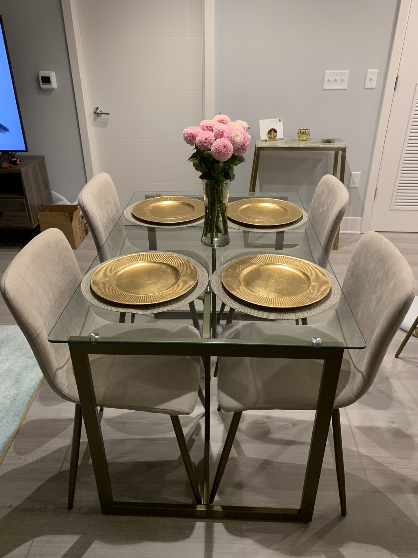 Glass/ Gold Dining Table and Light Beige Chairs (Set, Seats 4)