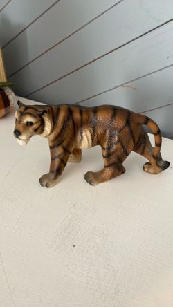 Vintage 1960s Ceramic Tiger Statue Big Cat Figurine Inset Glass Eyes Matte Glaze