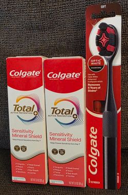 Colgate Oral Care Bundle: (2) Sensitive Toothpaste, 3 oz each & Optic White Charcoal Toothbrushe, Soft