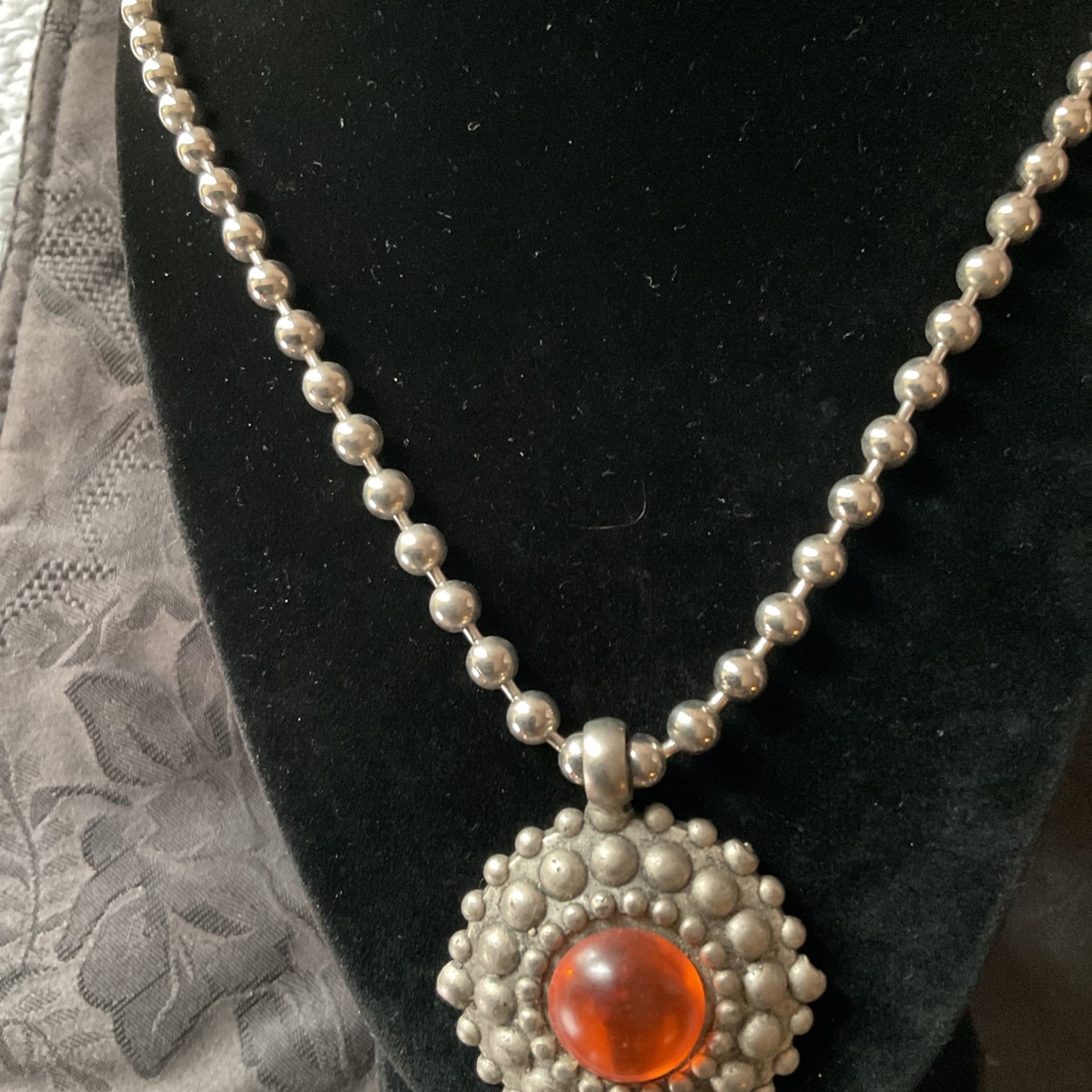 Vintage 30”Silver Necklace And Solid Pewter Pendant With Amber Colored Stone