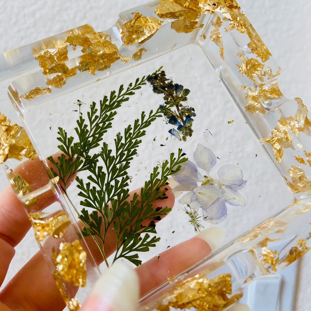 Handmade Pressed Flowers Nature Lilac Gold Resin Ashtray Decor Art Mold