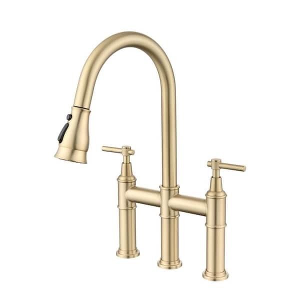 Double-Handle Bridge Kitchen Faucet with Pull-Down Sprayhead in Brushed Gold

