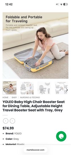 YOLEO Baby High Chair Booster Seat for Dining Table, Adjustable Height Travel Booster Seat with Tray