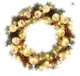Costway 30" Pre-lit Flocked Artificial Christmas Pine Wreath w/Mixed Decorations
