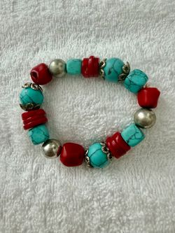 Turquoise & Coral Silver Beaded Stretch Bracelet