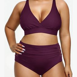 YONIQUE Burgundy 2-Piece High-Waisted Swimsuit Women’s Sz 22W NWT