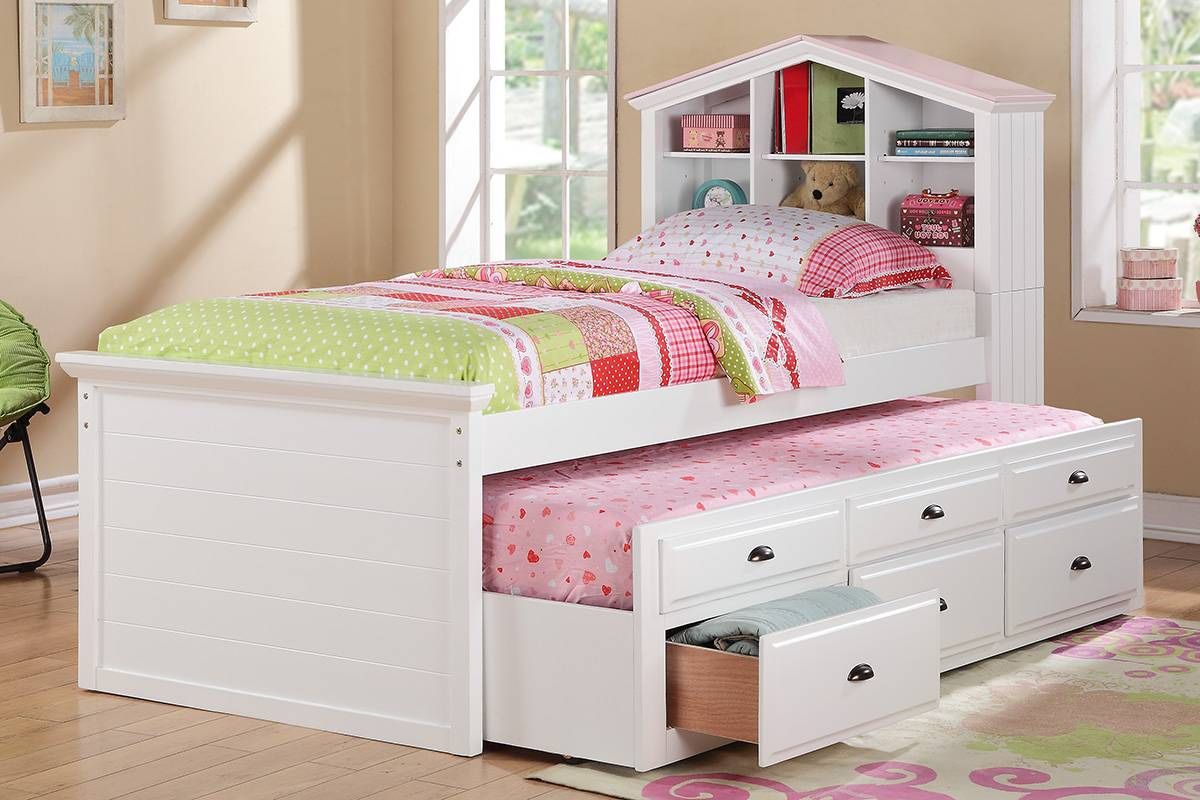 White Pink Finish Twin Size Bookcase Headboard Trundle Storage Bed