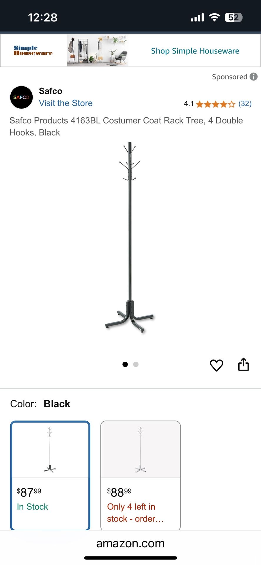 SAFCO coat rack tree 4 double hooks black. Very sturdy