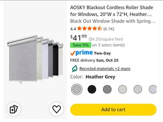 AOSKY Blackout Cordless Roller Shade 20"x72"