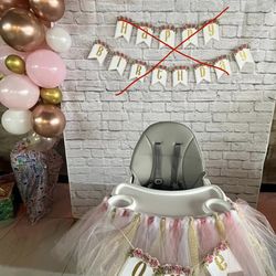 ONE birthday banner and cake topper, and high chair tutu banner