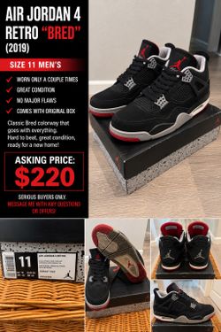 Air Jordan 4 Retro “Bred” (2019) – Men’s Size 11 – $220