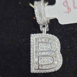 Iced “B” Initial .925 Silver Pendant 1"