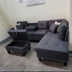 ✅️✅️3 pc charcoal linen like fabric sectional sofa drop down cup holder chaise and ottoman nail head trim ✅️