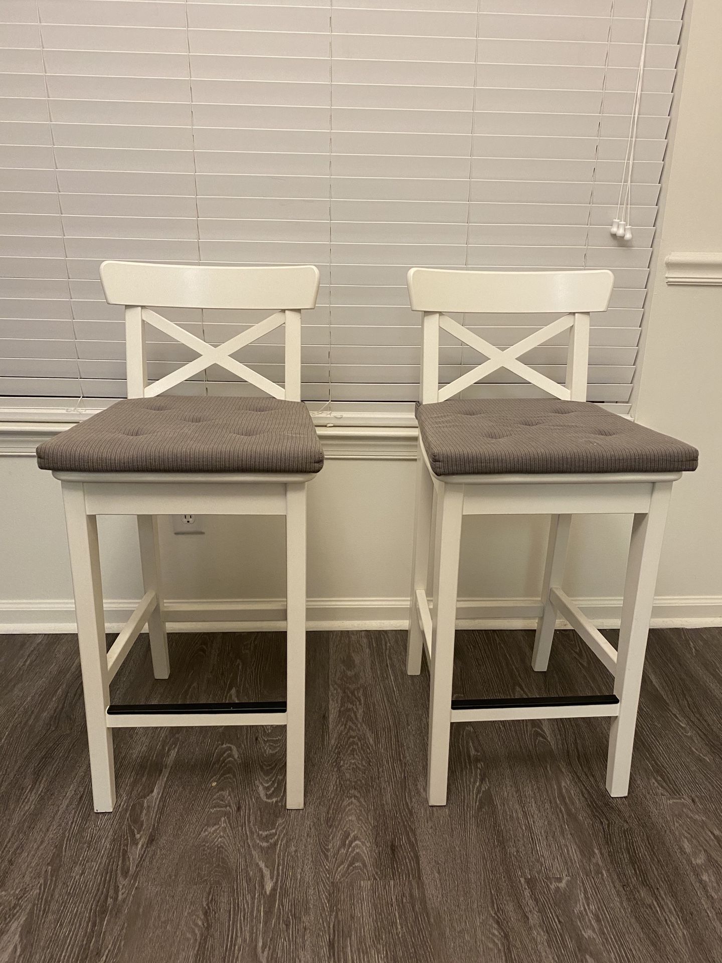 Quantity 2 Pre-owned IKEA White Counter Stools/chairs (comes with gray seat cushions) Approximate Dimensions Seat height 25” Back rest height: 36”