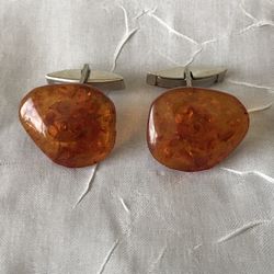 BALTIC AMBER HONEY COLORED SILVER TONED. CUFFLINKS MODERNIST VINTAGE MENS JEWELRY