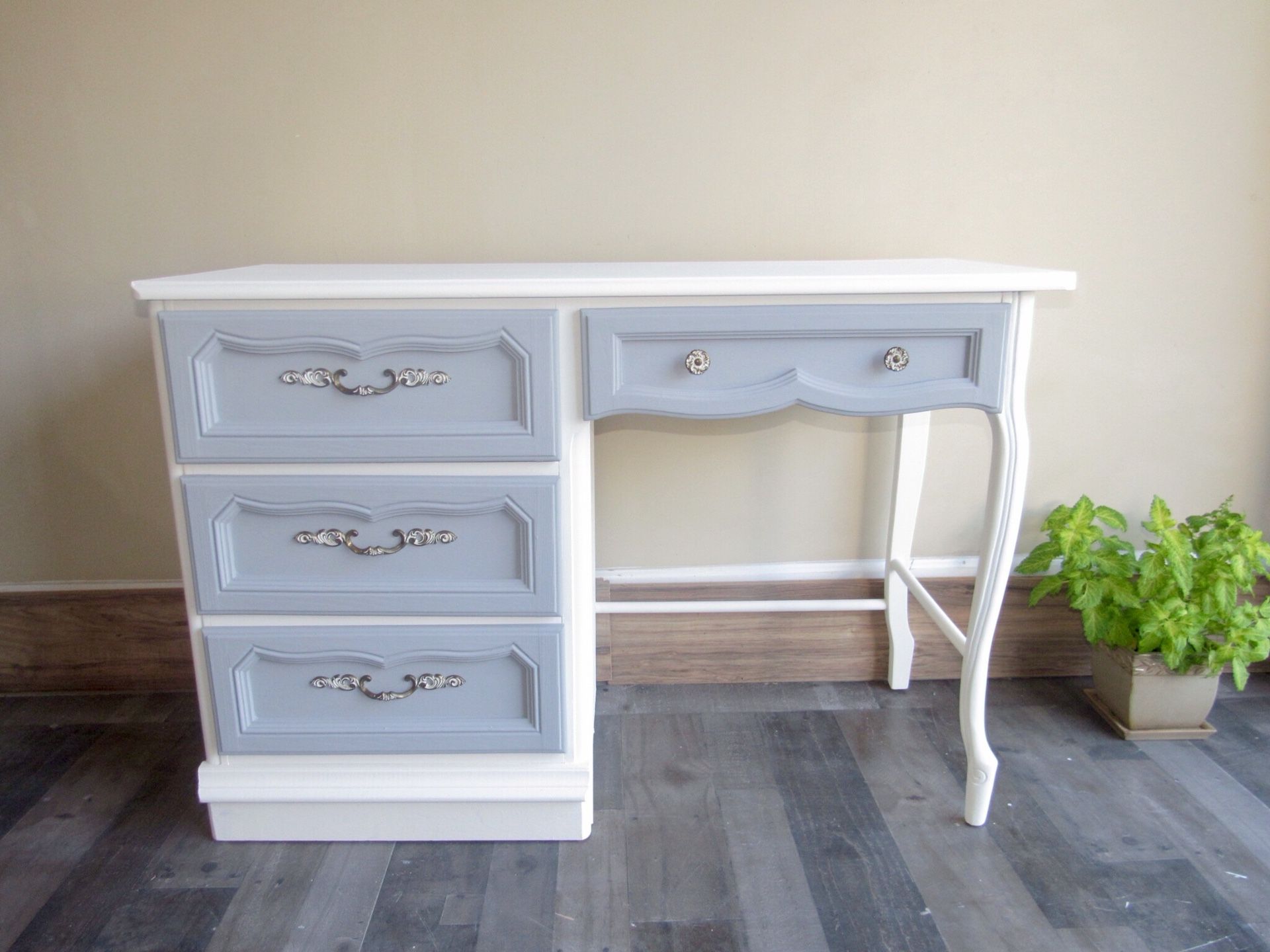 FRENCH PROVINCIAL DESK White Grey Light Blue Painted Gold Drawer Pulls Antique Vintage Refinished Gold Handles Drawer Pulls with White Shabby Chi
