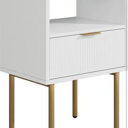 Nightstand,Mid-Century Modern Bedside Table with Storage Drawer and Open Wood Shelf,Small Gold Frame Side Table for Bedroom,Living Room,White
