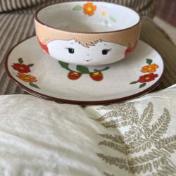 2 Pc. Vintage Child's Face Soup Bowl & Saucer Set Inturper Korea Boho Stoneware 