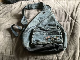 Mudd Y2K denim sling backpack- Embroidered w/ flowers & butterfly